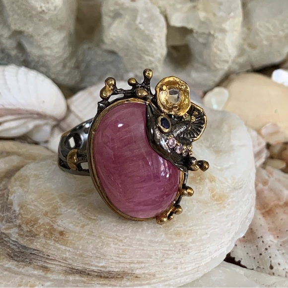 Artist Crafted Ruby & Gemstone Coastal Sterling & 14 kt Ring - Picture 4 of 10